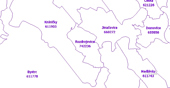 Katastrální mapa Rozdrojovice - přehledová mapa katastrálního území