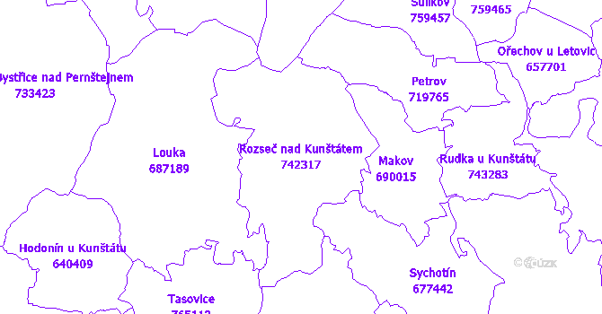 Katastrální mapa Rozseč nad Kunštátem - přehledová mapa katastrálního území