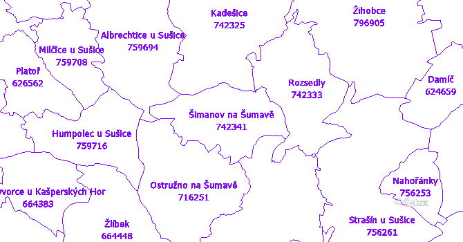 Katastrální mapa Šimanov na Šumavě - přehledová mapa katastrálního území