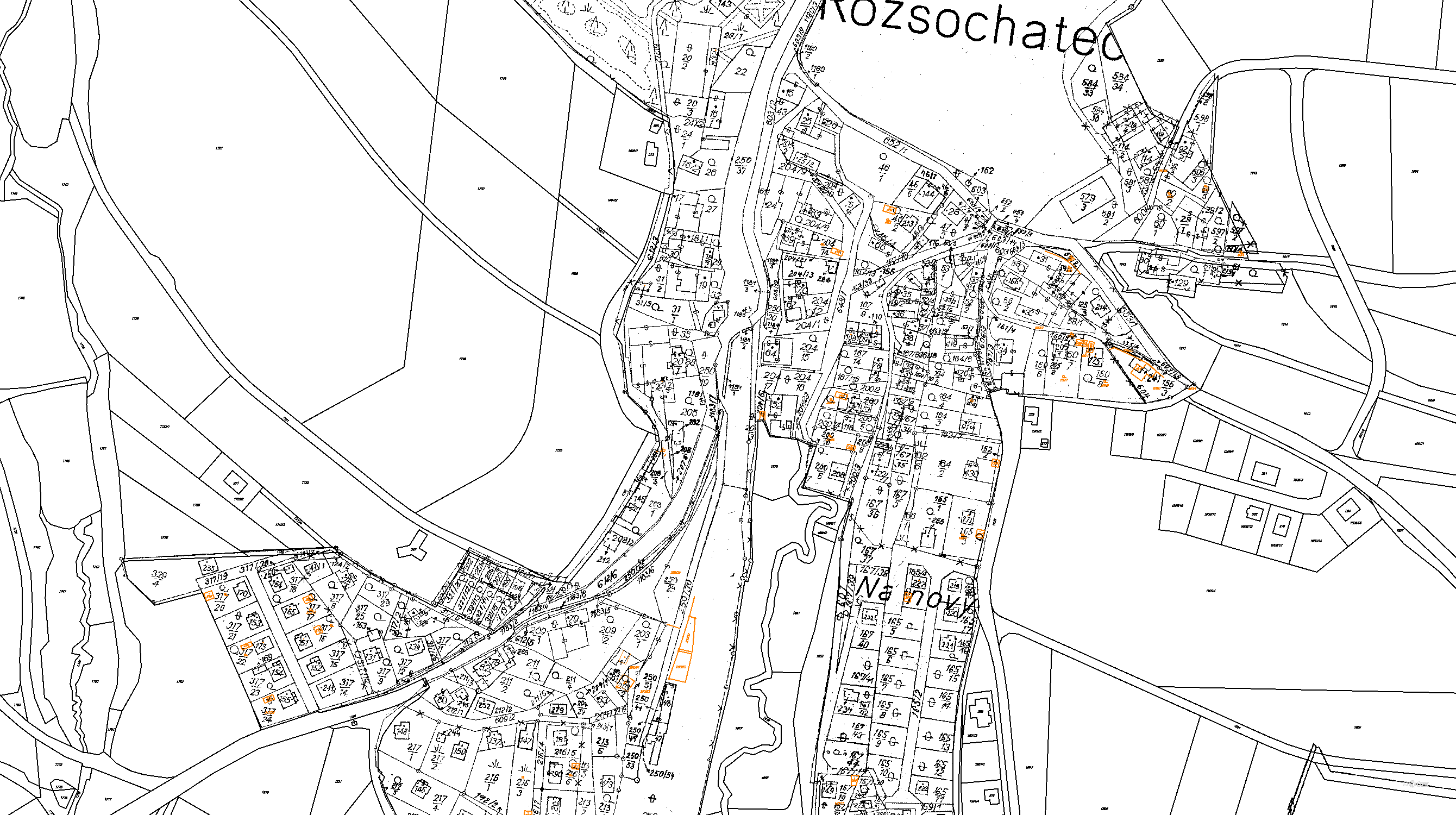 Katastrální mapa pozemků a čísla parcel Rozsochatec