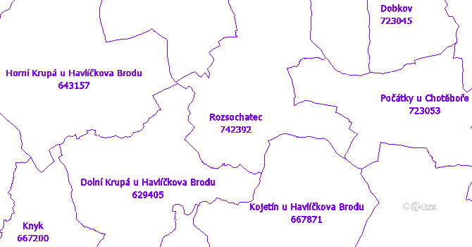 Katastrální mapa Rozsochatec - přehledová mapa katastrálního území