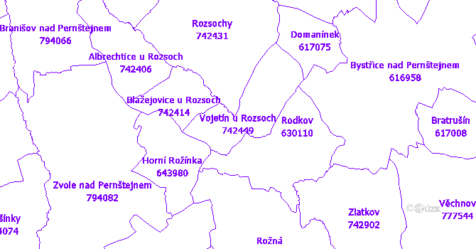 Katastrální mapa Vojetín u Rozsoch - přehledová mapa katastrálního území