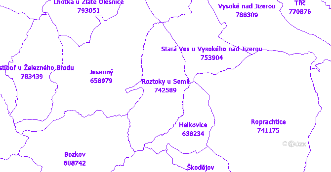 Katastrální mapa Roztoky u Semil - přehledová mapa katastrálního území