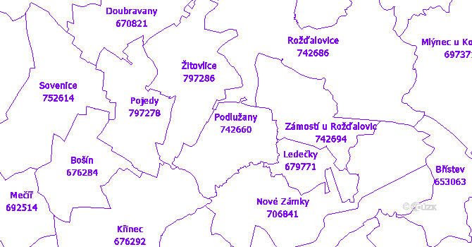 Katastrální mapa Podlužany - přehledová mapa katastrálního území