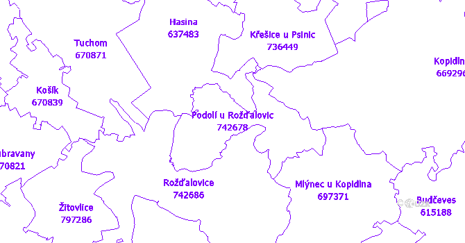 Katastrální mapa Podolí u Rožďalovic - přehledová mapa katastrálního území