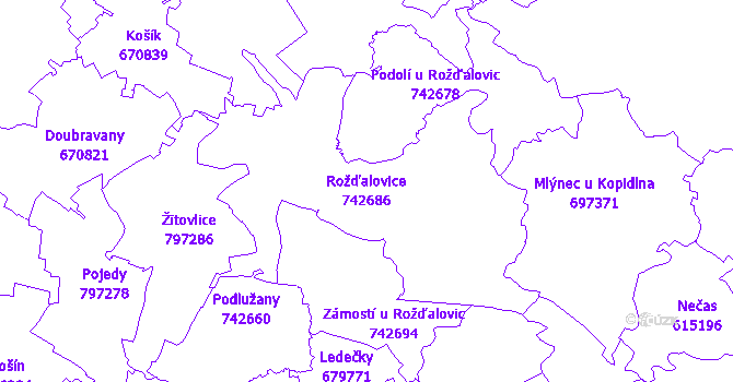 Katastrální mapa Rožďalovice - přehledová mapa katastrálního území