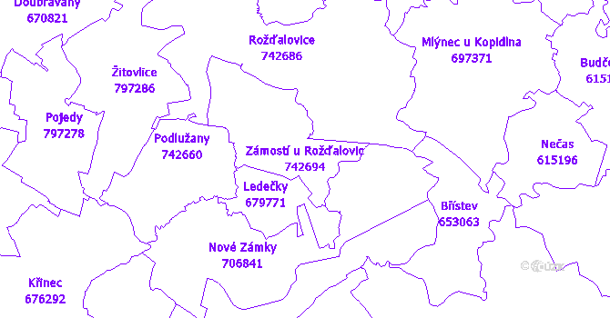 Katastrální mapa Zámostí u Rožďalovic - přehledová mapa katastrálního území
