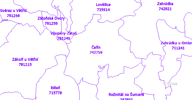Katastrální mapa Čeřín - přehledová mapa katastrálního území