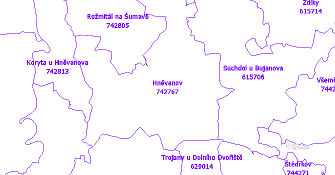 Katastrální mapa Hněvanov - přehledová mapa katastrálního území