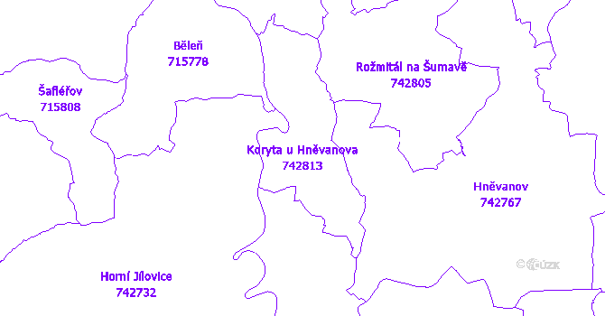 Katastrální mapa Koryta u Hněvanova - přehledová mapa katastrálního území