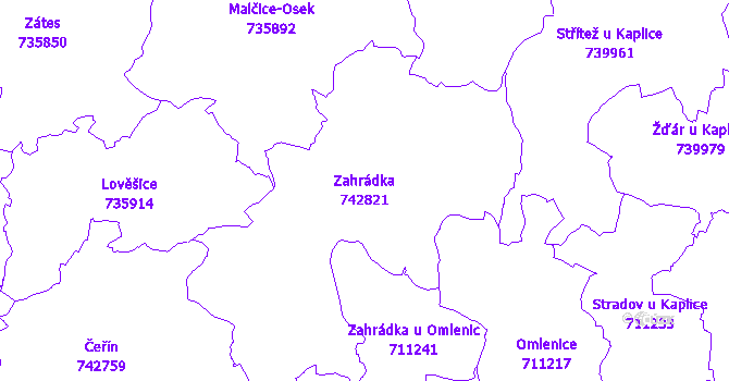 Katastrální mapa Zahrádka - přehledová mapa katastrálního území