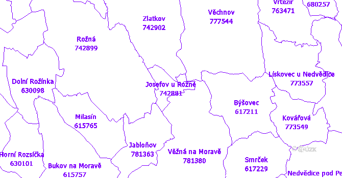 Katastrální mapa Josefov u Rožné - přehledová mapa katastrálního území