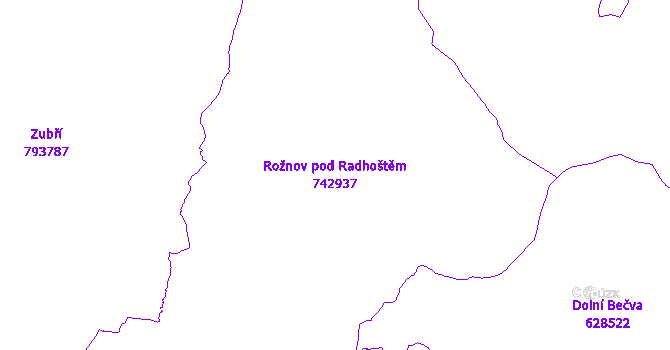 Katastrální mapa Rožnov pod Radhoštěm - přehledová mapa katastrálního území