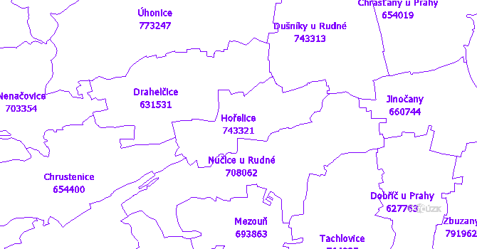 Katastrální mapa Hořelice - přehledová mapa katastrálního území