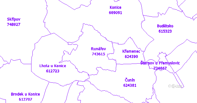 Katastrální mapa Runářov - přehledová mapa katastrálního území