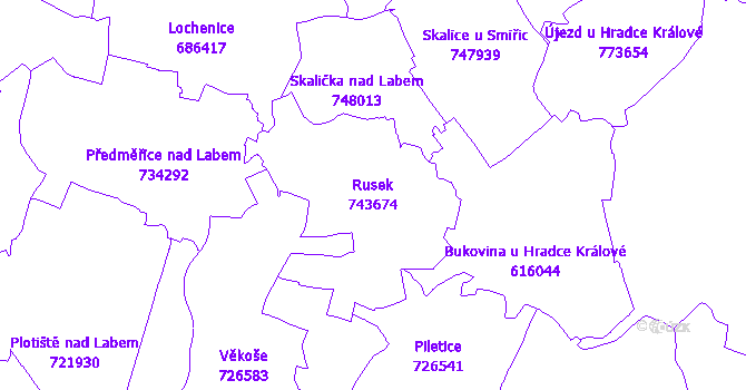 Katastrální mapa Rusek - přehledová mapa katastrálního území