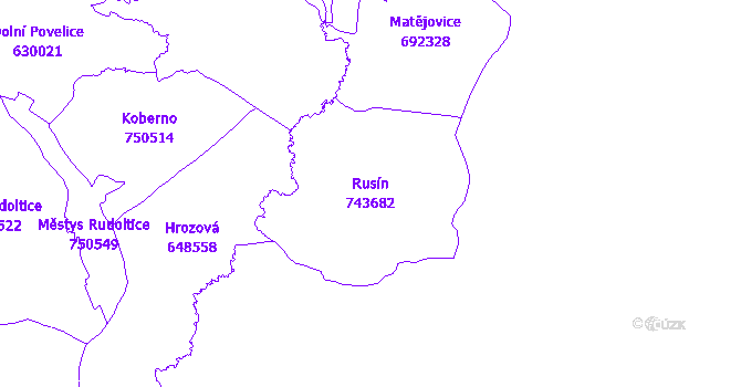 Katastrální mapa Rusín - přehledová mapa katastrálního území