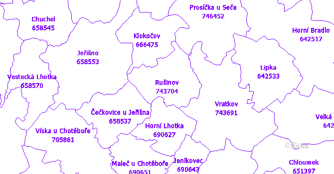 Katastrální mapa Rušinov - přehledová mapa katastrálního území