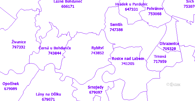 Katastrální mapa Rybitví - přehledová mapa katastrálního území