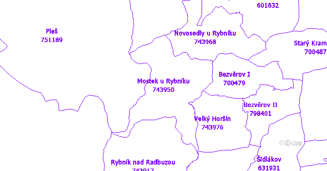Katastrální mapa Mostek u Rybníku - přehledová mapa katastrálního území