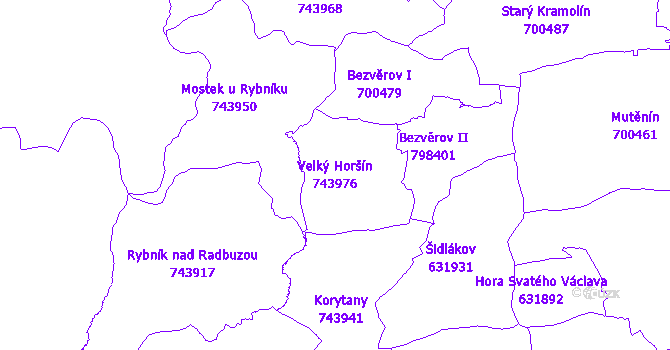 Katastrální mapa Velký Horšín - přehledová mapa katastrálního území