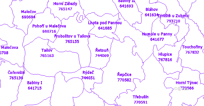 Katastrální mapa Řetouň - přehledová mapa katastrálního území