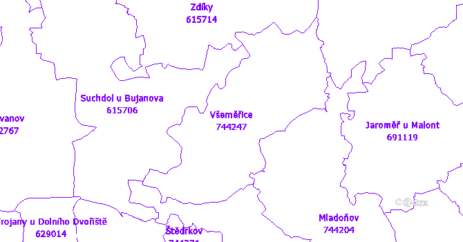 Katastrální mapa Všeměřice - přehledová mapa katastrálního území
