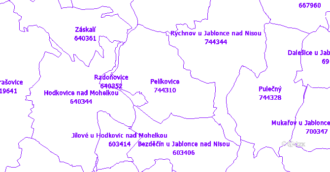 Katastrální mapa Pelíkovice - přehledová mapa katastrálního území