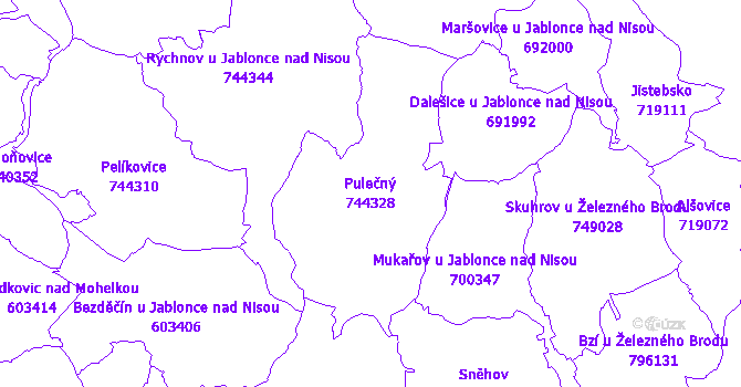 Katastrální mapa Pulečný - přehledová mapa katastrálního území