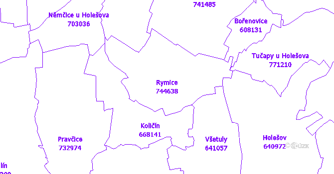 Katastrální mapa Rymice - přehledová mapa katastrálního území