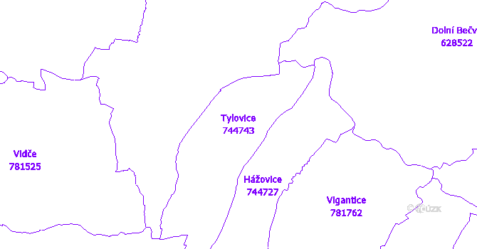 Katastrální mapa Tylovice - přehledová mapa katastrálního území