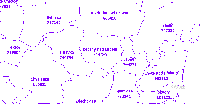 Katastrální mapa Řečany nad Labem - přehledová mapa katastrálního území
