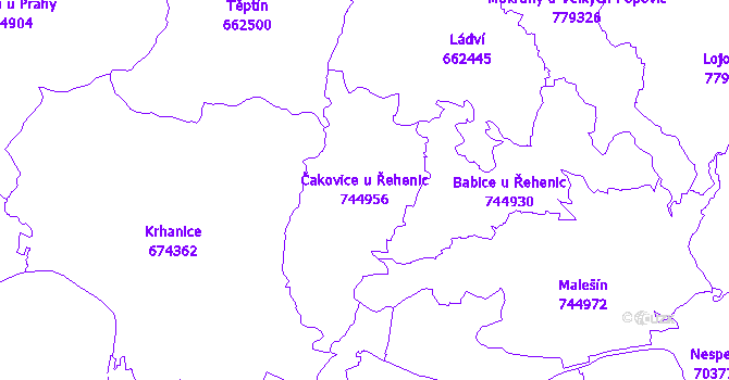 Katastrální mapa Čakovice u Řehenic - přehledová mapa katastrálního území