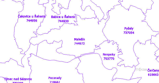 Katastrální mapa Malešín - přehledová mapa katastrálního území