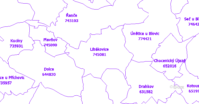 Katastrální mapa Libákovice - přehledová mapa katastrálního území