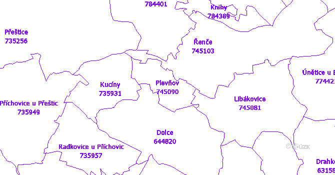 Katastrální mapa Plevňov - přehledová mapa katastrálního území