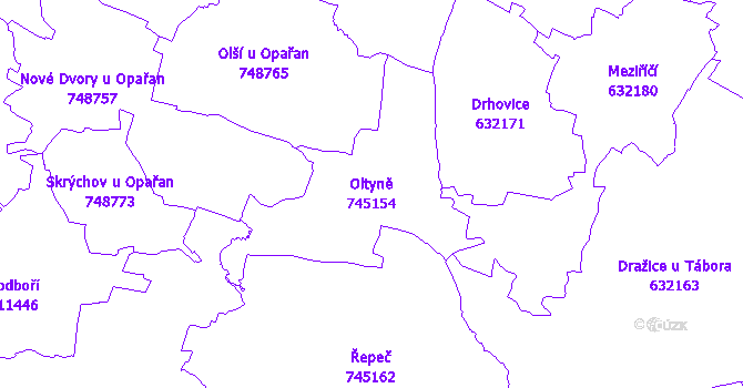 Katastrální mapa Oltyně - přehledová mapa katastrálního území