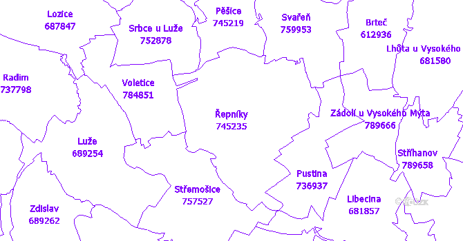 Katastrální mapa Řepníky - přehledová mapa katastrálního území