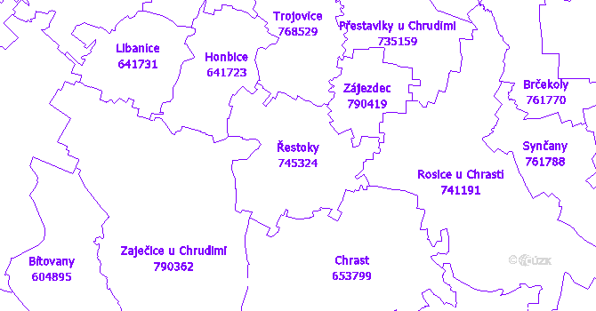 Katastrální mapa Řestoky - přehledová mapa katastrálního území