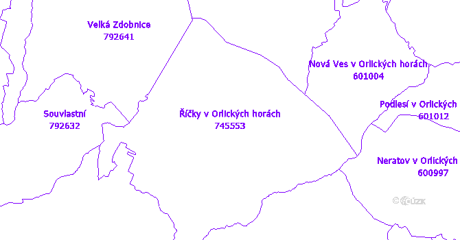 Katastrální mapa Říčky v Orlických horách - přehledová mapa katastrálního území
