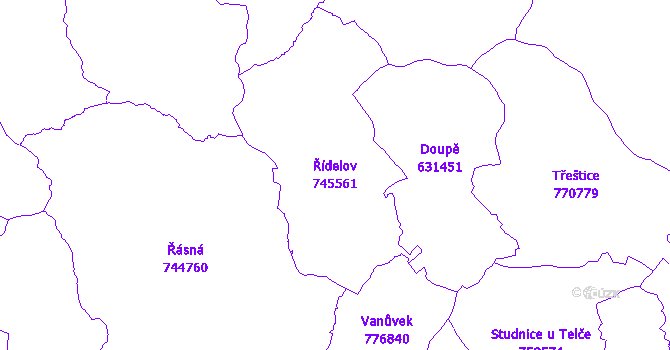 Katastrální mapa Řídelov - přehledová mapa katastrálního území