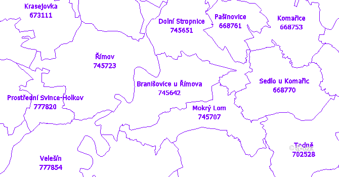 Katastrální mapa Branišovice u Římova - přehledová mapa katastrálního území
