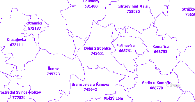 Katastrální mapa Dolní Stropnice - přehledová mapa katastrálního území