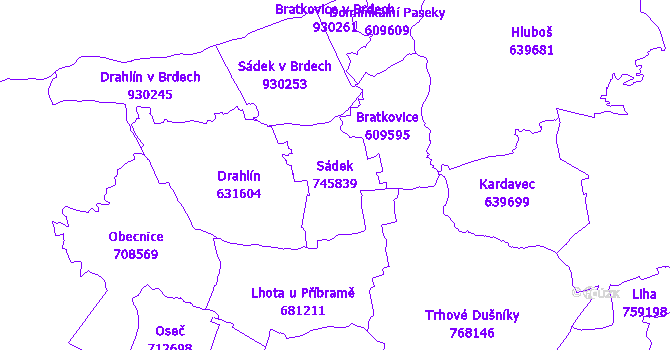Katastrální mapa Sádek - přehledová mapa katastrálního území
