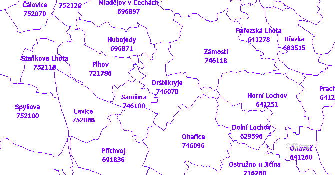 Katastrální mapa Drštěkryje - přehledová mapa katastrálního území