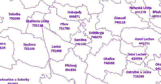 Katastrální mapa Samšina - přehledová mapa katastrálního území
