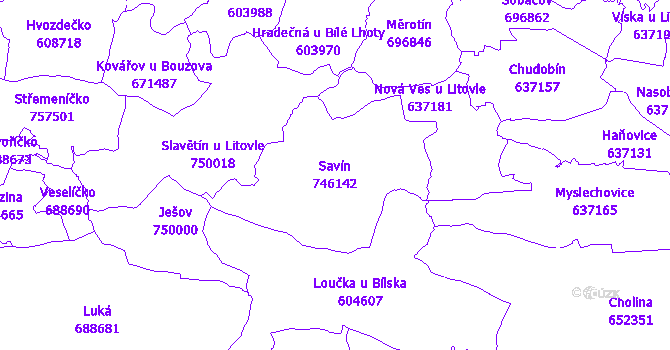 Katastrální mapa Savín - přehledová mapa katastrálního území