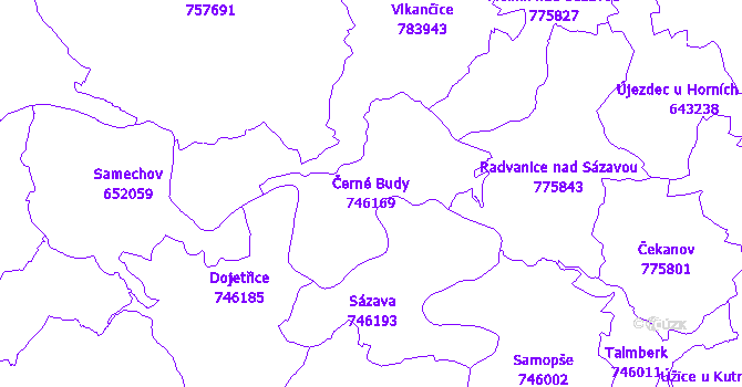 Katastrální mapa Černé Budy - přehledová mapa katastrálního území