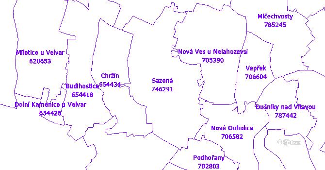 Katastrální mapa Sazená - přehledová mapa katastrálního území