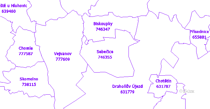 Katastrální mapa Sebečice - přehledová mapa katastrálního území